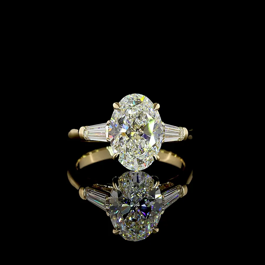 Oval Three Stone, 3 ct in 14k yellow gold