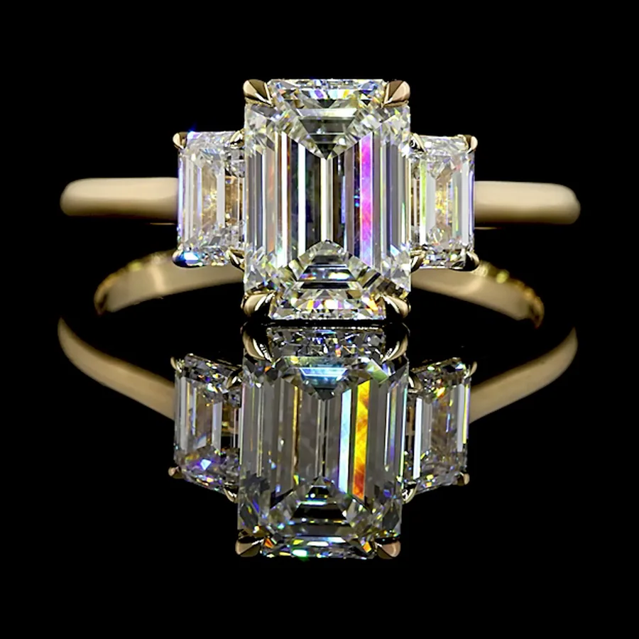 Emerald Cut Three Stone Ring, 2.5 ct in 14k yellow gold